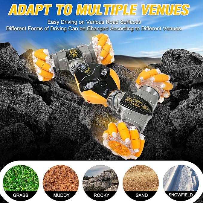 RC Cars Gesture Remote Control Car with Light Music 1:12 Hand Controlled Rc Car 2.4GHz 4WD Rc Stunt Car Gesture Sensing Double Sided 360° Rotation Off-Road Vehicle for Boys Girls(Yellow,Pro)