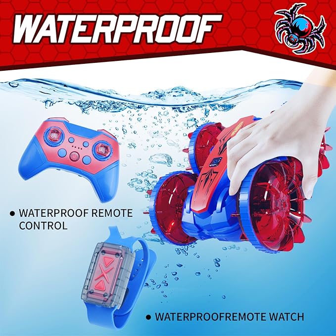 Remote Control Amphibious Gesture RC Boat Car - 4WD Waterproof Stunt Vehicle With LED Lights, Water Beach Pool Toys for Kids Ages 4-12 - Gifts for Boys Girls (Blue&Red)