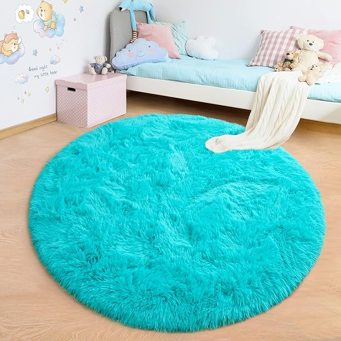junovo Round Rug 4x4 Feet Fluffy Soft Area Rugs for Kids Girls Room Princess Castle Plush Shaggy Carpet Cute Circle Nursery Rug for Kids Girls Bedroom Baby Room Home Decor Circular Carpet, Teal Blue