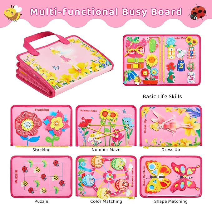 Busy Board Montessori Toys for 3 4 Year Old Girls Birthday Gifts, Educational Activity Sensory Board Preschool Learning Toys for Toddlers, Travel Toys for Airplane Car (Flower Fairy)