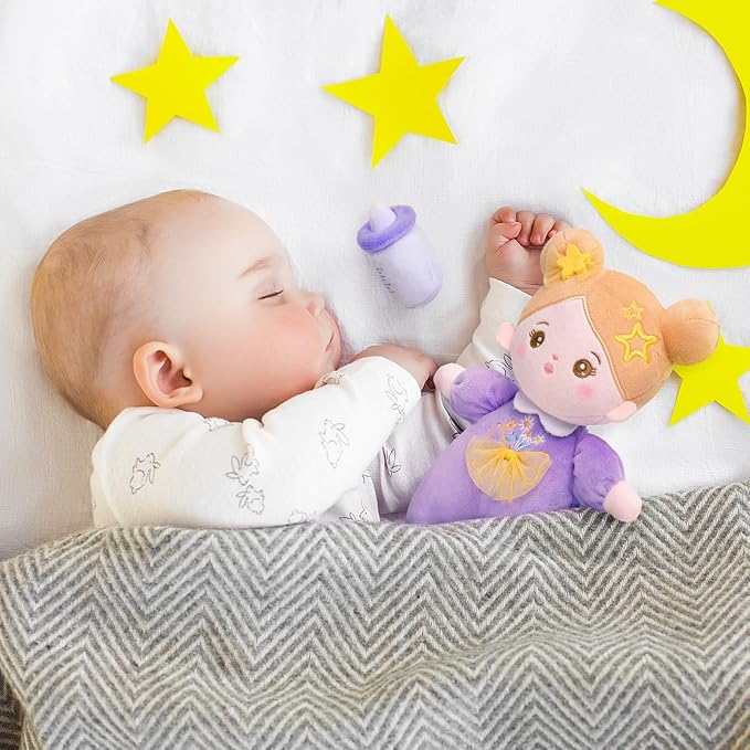 OUOZZZ 10" Soft Baby Doll Set with Plush Doll, Bassinet, Blanket and Bottle, Pretend Playset for Emotional Social Education Doll for 2 Year Olds Girls Christmas Birthday Gift Purple