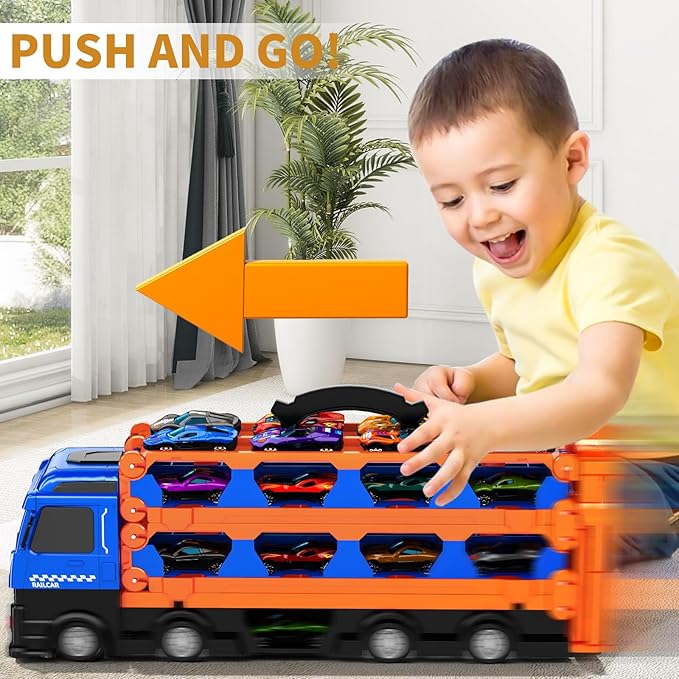 78.7-Inch Racing Car Track Truck Toy for Boys 2 3 4 5 6 7 Years Old - Transport Carrier Trucks, Foldable Tracks Storage, 12 Die-cast Car, Gifts for Toddlers and Kids Aged 3-5