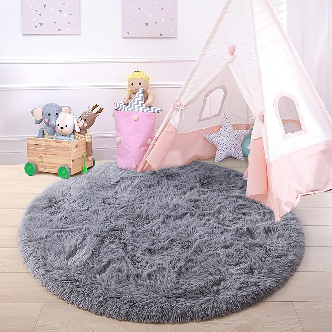 junovo Round Rug 6x6 Feet Fluffy Soft Area Rugs for Kids Girls Room Princess Castle Plush Shaggy Carpet Cute Circle Nursery Rug for Kids Teen's Bedroom Home Decor Large Circular Carpet, Grey