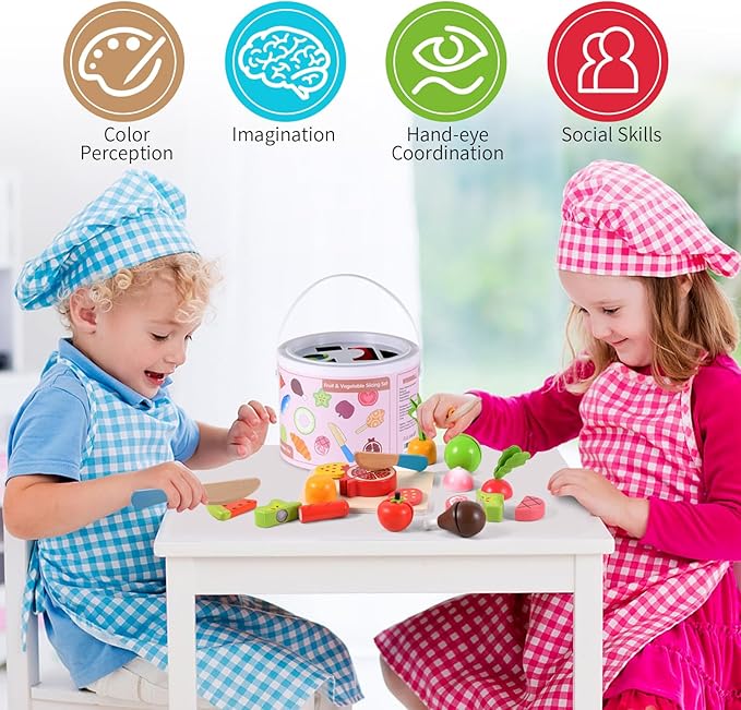 WHOHOLL Wooden Play Food Toys for Kids Kitchen Playset, Play Kitchen Accessories with Apron Pretend Cutting Food Montessori Toys for 3+ Year Old Girls and Boys