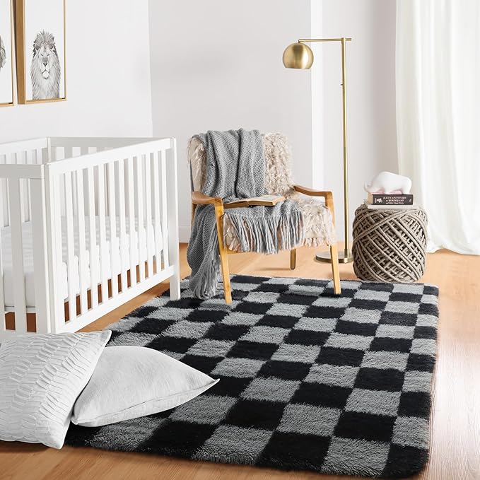 KICMOR Area Rugs for Bedroom, Black and Grey Fluffy Shag Soft 3x5 Checkered Small Living Room Carpet, Indoor Fuzzy Shaggy Plush Rug for Kids Boys Girls Teen Dorm Nursery Bedside Home Decor Aesthetic