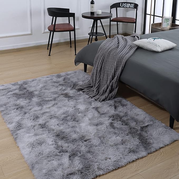 AROGAN Soft Rainbow Area Rugs for Girls Room 4x6 Feet, Fluffy Girls Bedroom Rugs, Princess Rug, Cute Colorful Carpet for Kids Teens Nursery Toddler, Grey