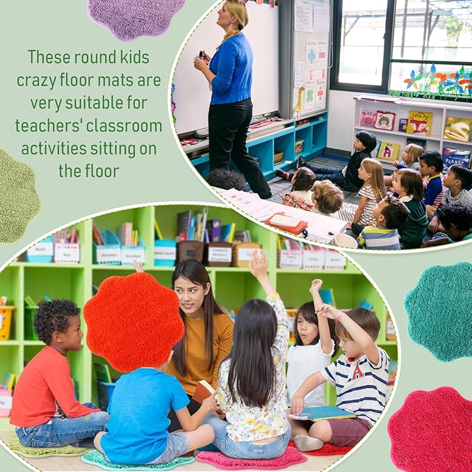 Nuogo 10 Pieces Kids Crazy Carpet Circle Seats Rainbow Floor Rug Mats Warm Colorful Soft Floor Cushions for Home School Classroom Story Time Group Activity Spot Marker Play Areas (Flower)