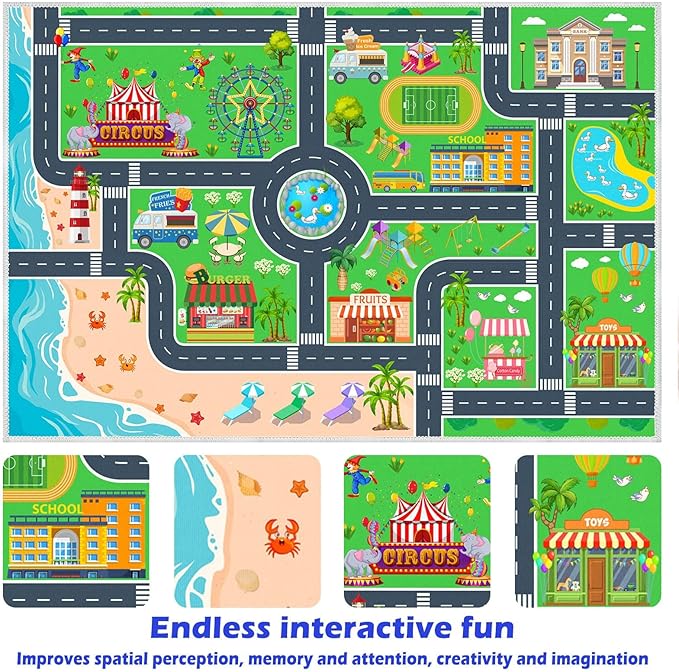 Kids Carpet Playmat Car Rug, Car Rug for Kids Toy Cars and Train, Non Slip Play Mat for Playroom Kids Room, City Life Educational Road Traffic Carpet for Classroom Nursery(Green,79×118in)