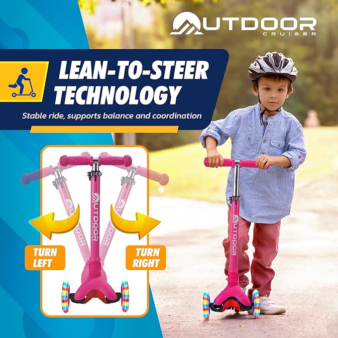 Outdoor Cruiser 3-Wheel Kids Scooter – with Lean-to-Steer Technology, Wide Deck, Led Lighted Wheel, 4-Level Adjustable Height T-bar Handle, Support Kids Up to 150 Lbs, for Boys & Girls Ages 3-8, Pink