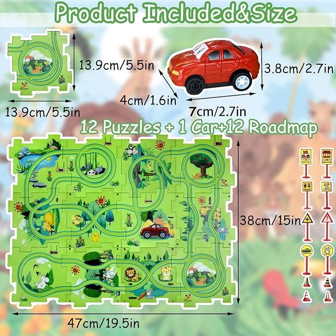 4 Year Old Boy Birthday Gift, Puzzle Racer Kids Car Track Set Puzzle Racer Car Track Set with Roadmap Puzzle Track Car Play Set Toys for 4 Year Old Boys (A-Land, Set1-25pcs)