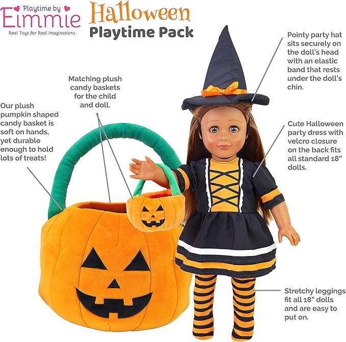 Playtime by Eimmie 18 Inch Doll Clothes and Accessories - Halloween Witch Costume with Hat and Plush Pumpkin - Clothing Sets & Stuff - Fits American, Generation & Similar 18” Dolls for Girls