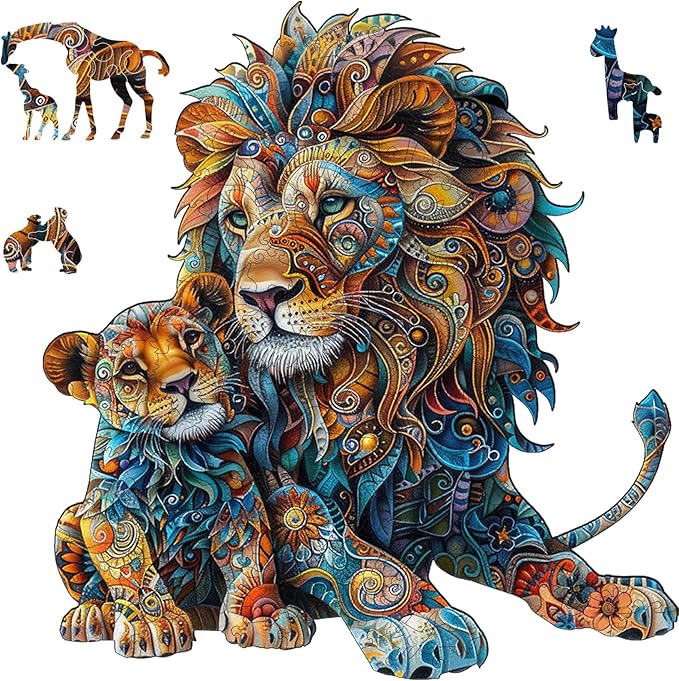 Wooden Puzzles for Adults, Lion Family Jigsaw Puzzles 200 Piece, Unique Shape Puzzles for Adults and Kids, Fun Challenging Puzzles Family Game Gift, Medium Size 10.6 x 11.3 Inches