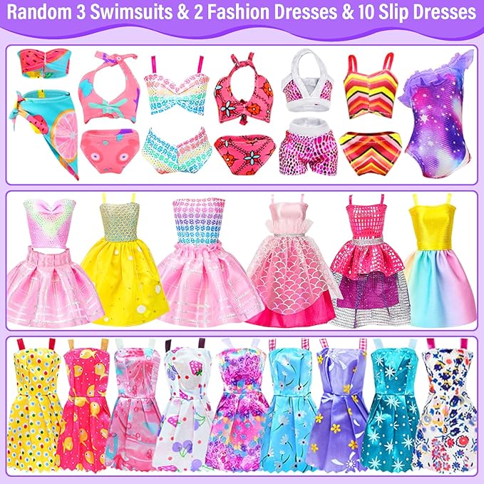 Ecore Fun 108 Pcs Doll Clothes and Accessories with Purple Doll Closet for 11.5 Inch Girl, Includes Party Dresses, Fashion Outfits, Swimsuits, Shoes, Hangers, Bags, Necklaces