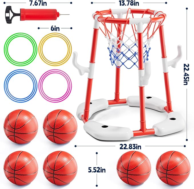 Pool Basketball Hoop, Floating Game with 6 Balls & Pump, Kids Pool Toys for Outdoor Summer Fun, Adjustable Height for Ages 4-8-12, Family Swimming Pool Accessory（red）