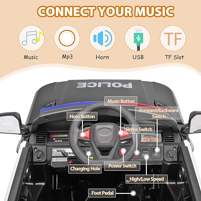 TOBBI Police Car Ride on Electric Car for Kids to Drive Battery Powered Ride-on Toys Cop Cars with Remote Control, Siren, Flashing Lights, Music, Spring Suspension, Carbon Black