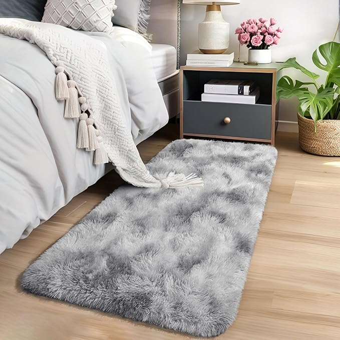 AROGAN 2x4 Feet Soft Runner Rugs for Bedroom Plush Fluffy Rug, Shag Furry Area Rug Carpet Non Shedding for Nursery Children Kids Girls Room Home Hallways Decorative, Grey and White