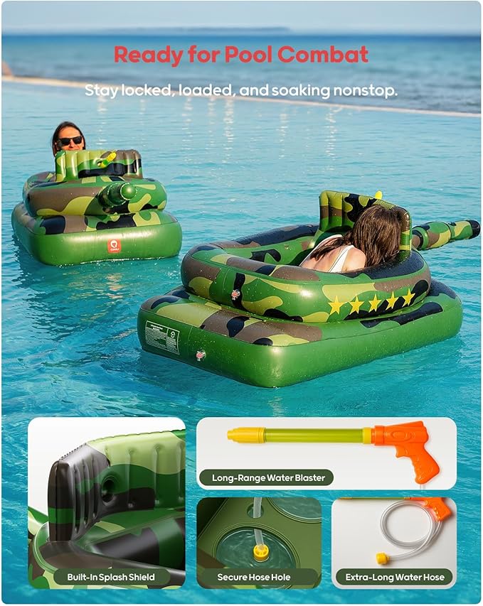 QPAU Inflatable Tank Pool Float for Adults & Kids – Ride-On Camouflage Floaty with Water Cannon, Swim Raft Toy for Boys Girls Ages 6+, Lake Beach Backyard Party Floaties