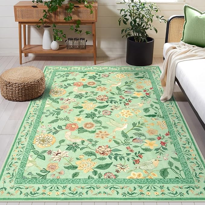 Floral Washable 5x7 Area Rug, Soft Non-Slip Green Rugs for Girls Bedroom Low Pile Flower Birds Living Room Rug, Non-Shedding Botanical Indoor Carpet for Nursery Playroom Dining Room