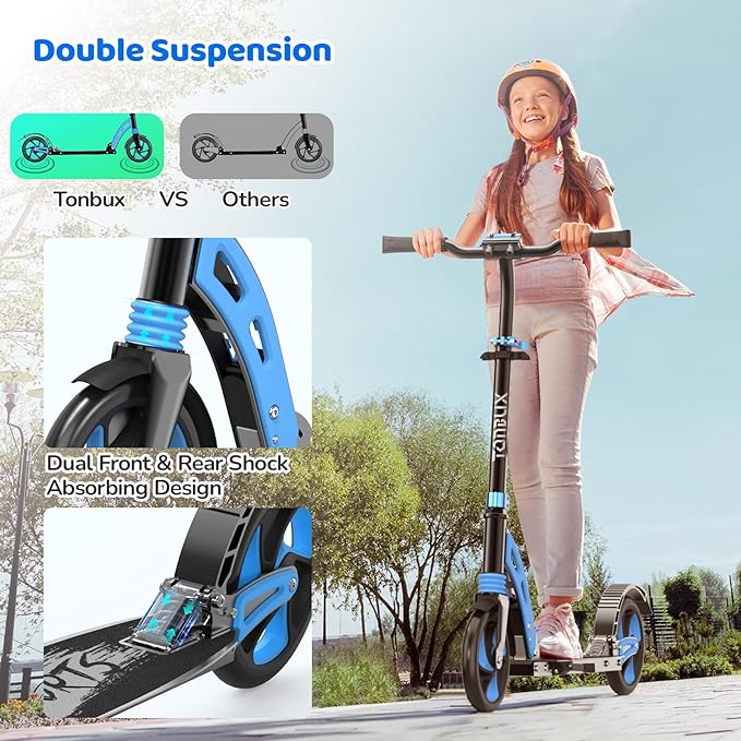 TONBUX Kick Scooter for Ages 6+, Dual Suspension Kids Scooter with Lightweight Aluminum Frame, Adjustable Handlebar Scooters for Kids, Teens and Adults