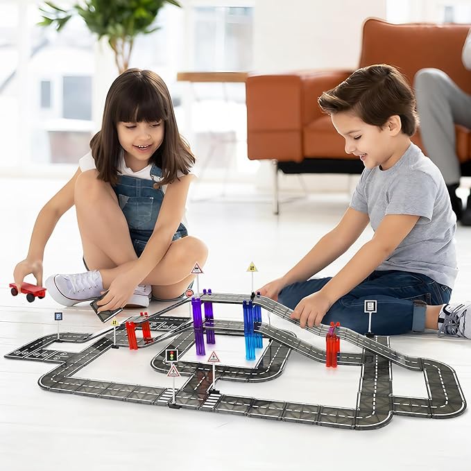 Playmags Magnetic Tiles Road Set for Kids - 130-Pieces Magnet Building Blocks Toy - Durable Creative STEM Learning Toys with Curved & Straight Car Race Track for Kids Ages 3+