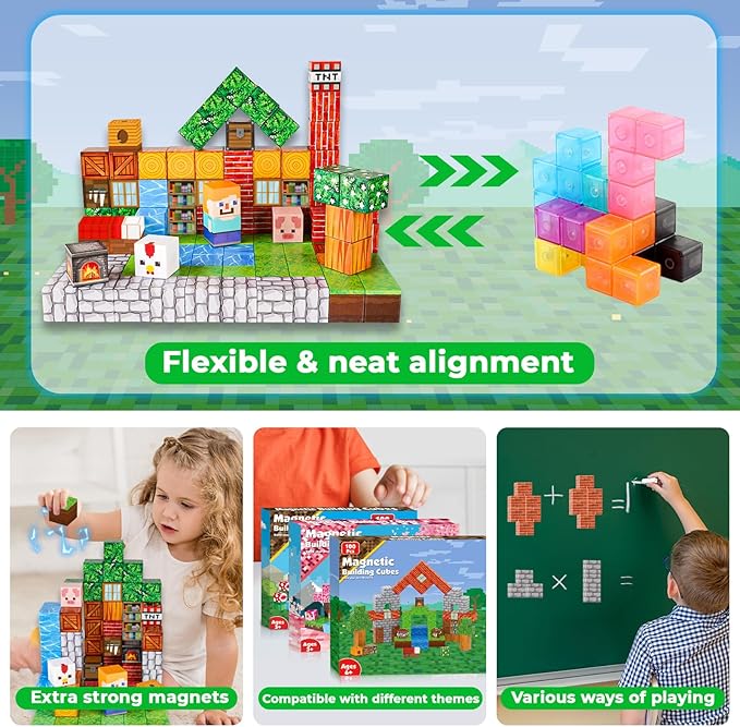 Magnetic Blocks-100PCS Grassland Building Blocks Set, Kids Classroom Sensory Toy, STEM Learning, Construction Stacking Toy for Kids 3+ Boys & Girls