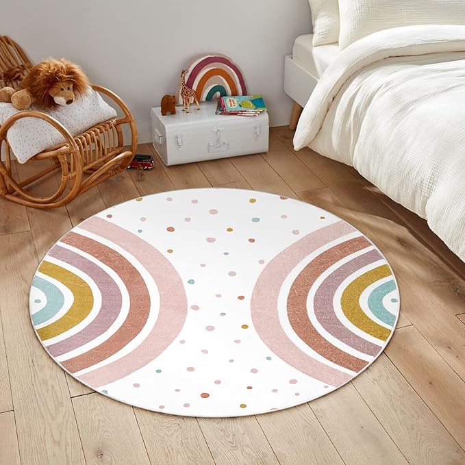 STARUIA Colorful Round Rug for Nursery, 4 Ft Rainbow Washable Rug for Playroom, Boho Kids Rug Non-Slip Soft Bedroom Carpet for Classroom Teepee Princess Castle