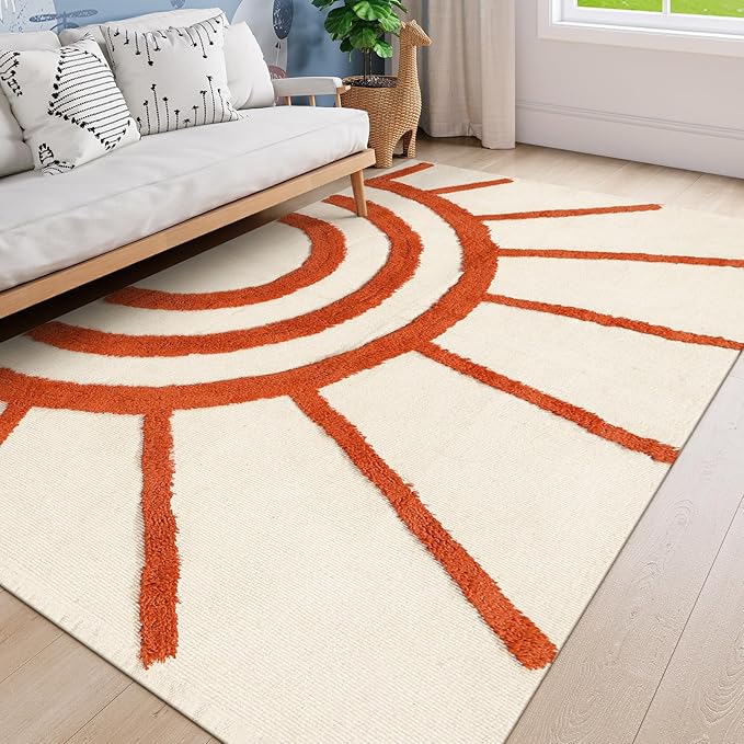 OJIA Boho Washable Rugs 5x8 Rug for Living Room Kids Room,Orange Sun Bedroom Carpet Soft Tufted Modern Farmhouse Cute Bedside Carpet for Dorm/Playroom/Nursery Room