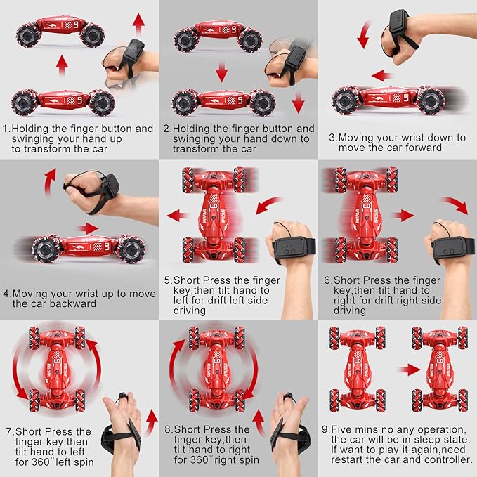 Upgraded Hand Gesture Sensing RC Stunt Car with Lights Music, Spray Drift RC Car 360 Spins All Terrains Hand Controlled Toy for 6-10 Year Old Boys
