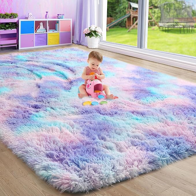 Amdrebio Blue Purple Rainbow Mermaid Rugs 6x9 for Girls Bedroom Decor Aesthetic, Soft Plush Fluffy Kawaii Area Rugs for Kids Room Nursery Playroom, Cute Stitch Frozen Fuzzy Furry Baby Toddler Carpet