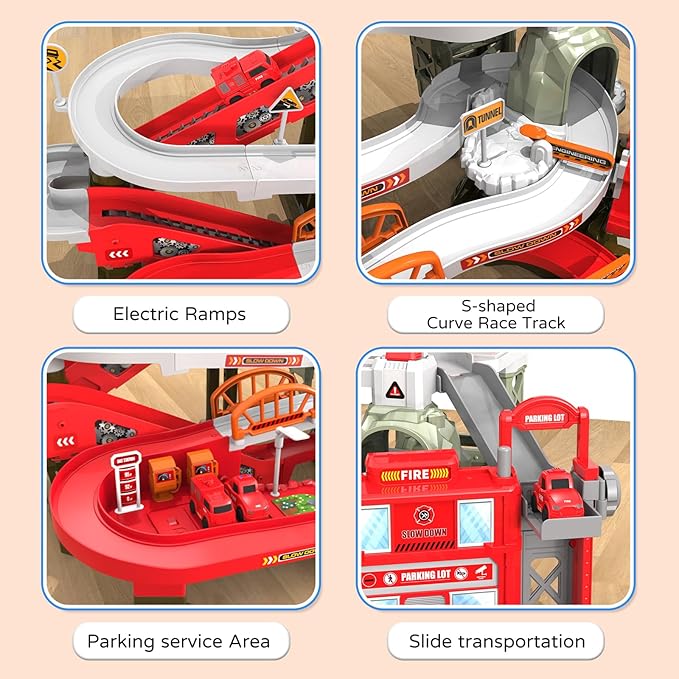 52PCS Fire Rescue Adventure Track Playset for Kids Ages 3+, Electric Ladder, 3 Mini Cars&one Airplane, Multi-Level Tracks with Lights & Sounds, Obstacles & Role Play, Gift for Boys & Girls