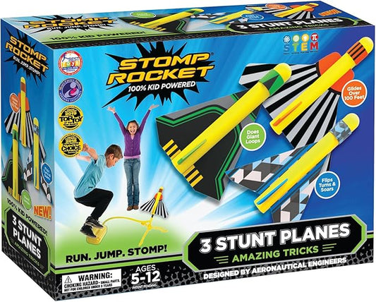 Stomp Rocket Stunt Plane Launcher Toy for Kids - 3 Foam Airplane Toy Soars Over 100 Feet - Unique Tricks & Adjustable Plane Rocket Launcher Stand - Fun Outdoor Toys & Gift for Boys or Girls