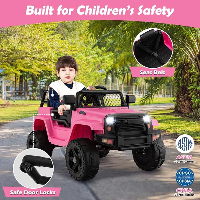 Costzon Ride on Car, 12V Battery Powered Truck Vehicle with Remote Control, Spring Suspension, Headlights, Music, Horn, MP3, USB & Aux Port, Gift for Boys Girls, Electric Car for Kids (Pink)