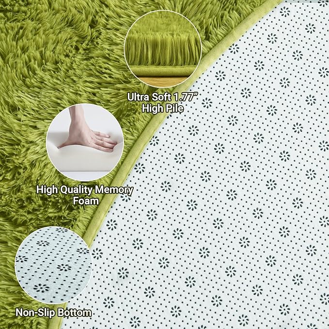 LOCHAS Luxury Round Fluffy Area Rugs for Bedroom Kids Girls Room Nursery, Super Soft Circle Rug, Cute Shaggy Carpet for Children Living Room, 5x5 Feet Green