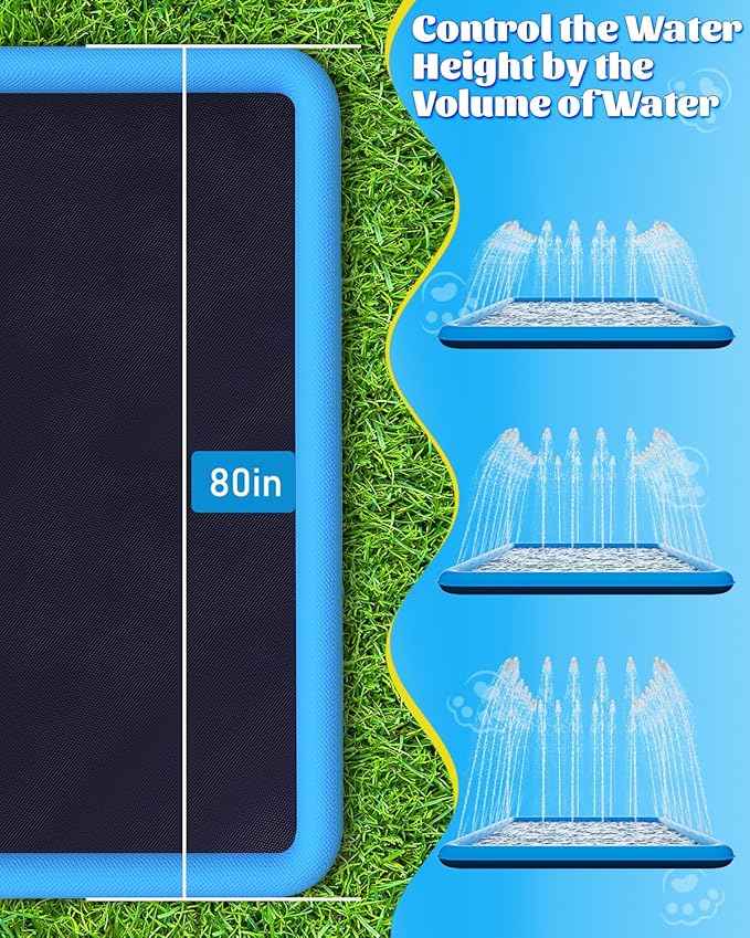 Splash Pad, 107"- 80" Non-Slip Splash Pad for Kids and Dogs, Thickened Durable Square Dog Pool with Sprinkler Summer Outdoor Water Toys for Toddler Girls Boys Children Pet (Blue)