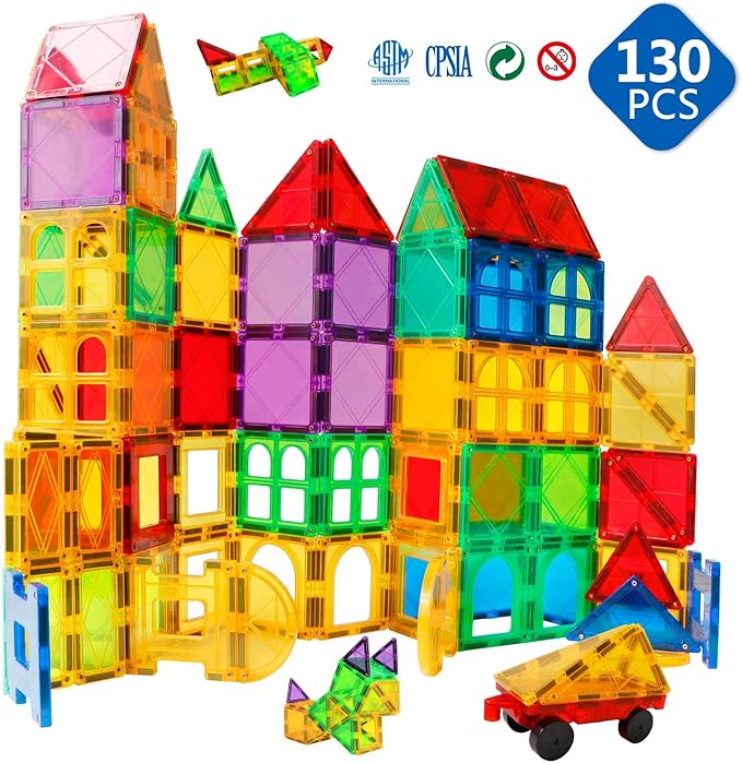 MAGBLOCK Magnetic Tiles Building Blocks 130 Pcs Magnet Tiles for Kids Ages 4-8 Magnetic Toys for Boys and Girls Ages 8-10