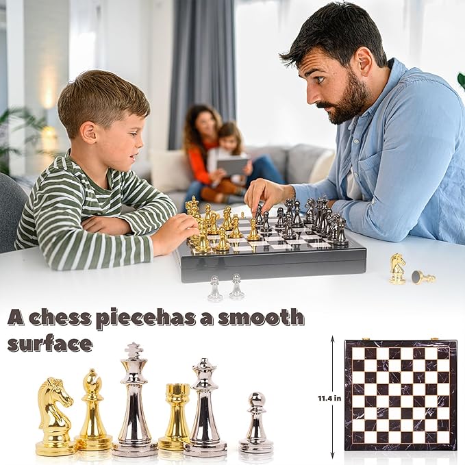 Metal Chess Set for Adults and Kids – Marbling Chess Board with Chess Pieces – Travel Chess Sets with Extra Queens with zinc Alloy Metal Pieces – Ideal for Beginners and Professional Players