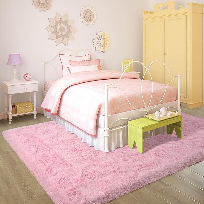 5x8 Pink Fluffy Rug for Girls Bedroom Soft Carpet, Large Cute Pink Fuzzy Shag Furry Area Rugs for Classroom Living Room Nursery Dorm Baby Kids Room Home Decor, Modern Indoor Non Slip Rug