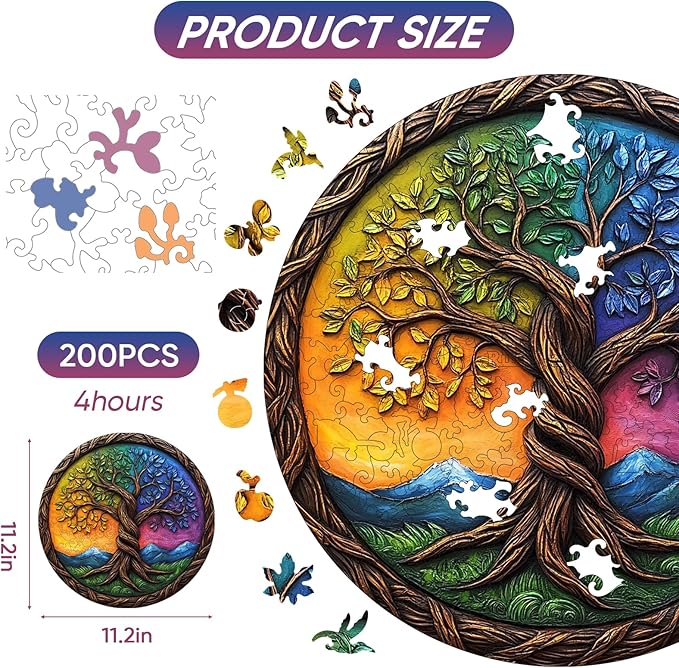 Tree of Life Puzzles for Adults,200 Pieces Wooden Jigsaw Puzzles for Adults and Kids,Extra Thick 5MM,Unique Irregular Shape Tree Puzzles,Family Game Birthday Gifts,11.2x11.2Inches