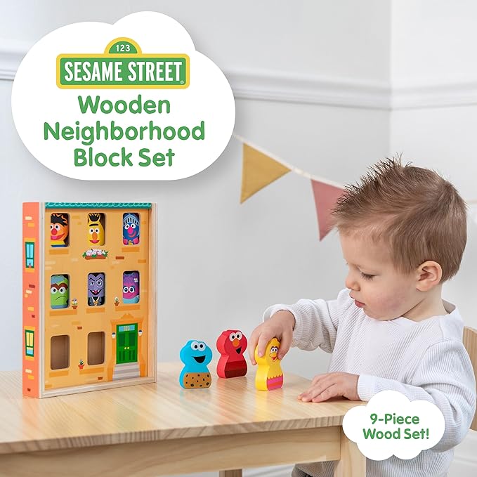 KIDS PREFERRED 123 Sesame Street Wood Brownstone Building Mix and Match Wooden Play Set Puzzle with Storage Case, Toddler Sorting and Matching Puzzles