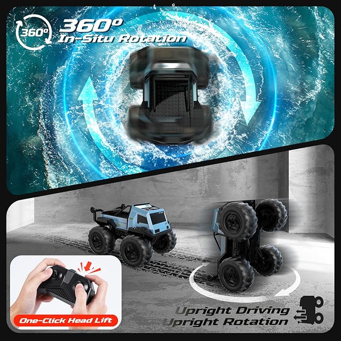 DEERC Amphibious Remote Control Car Monster Truck Toys Waterproof RC Stunt Cars for Boys 8-12 Toys W/Blocks & 360°Spin, 4WD All-Terrain Off-Road Pickup RC Truck 2.4Ghz 60+ Min Playtime Pool Toy Gift