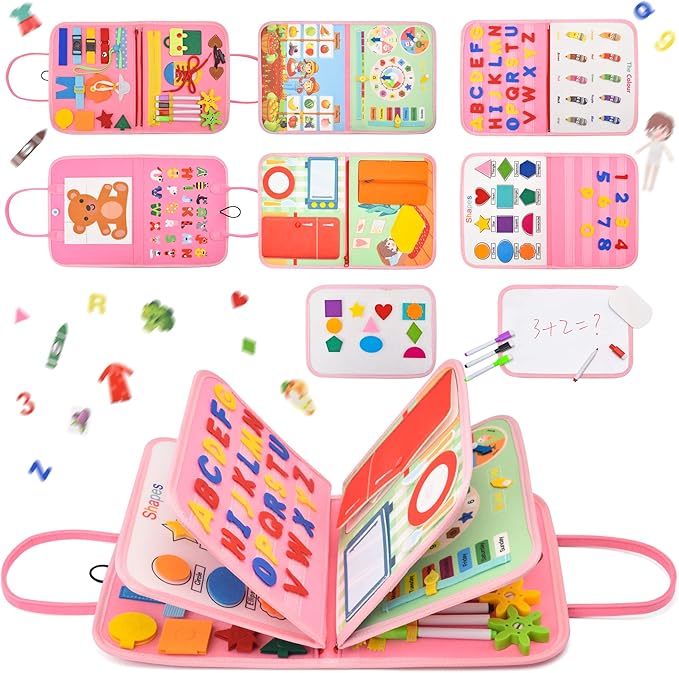 14 Pages Busy Board for Toddlers 2-4,Montessori Travel Toy for Plane/Car,Educational Sensory Toy for Toddlers 1-3,Preschool Activities Board for Developing Fine Motor Skills,Gift for Boys/Girls