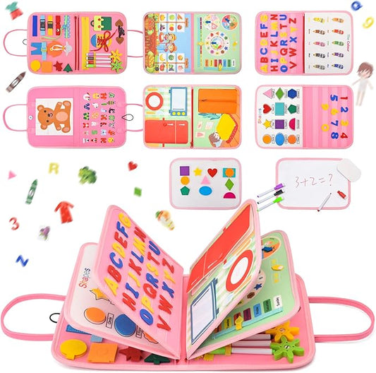 14 Pages Busy Board for Toddlers 2-4,Montessori Travel Toy for Plane/Car,Educational Sensory Toy for Toddlers 1-3,Preschool Activities Board for Developing Fine Motor Skills,Gift for Boys/Girls