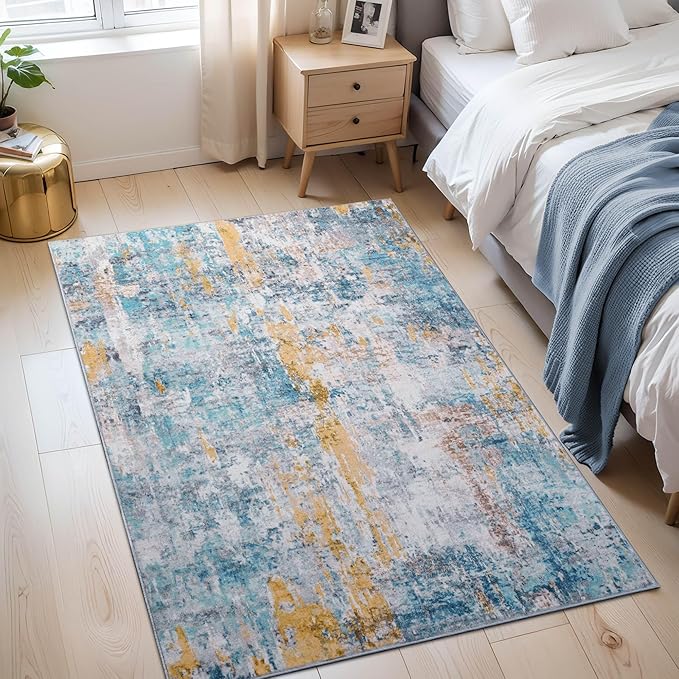 Entryway Rug 3x5 Blue Bedroom Area Rug Washable Non Slip Abstract Boho Rugs for Indoor Entry, Kitchen, Classroom, Bathroom, Kids Girls Room, Office, College Dorm Small Carpet