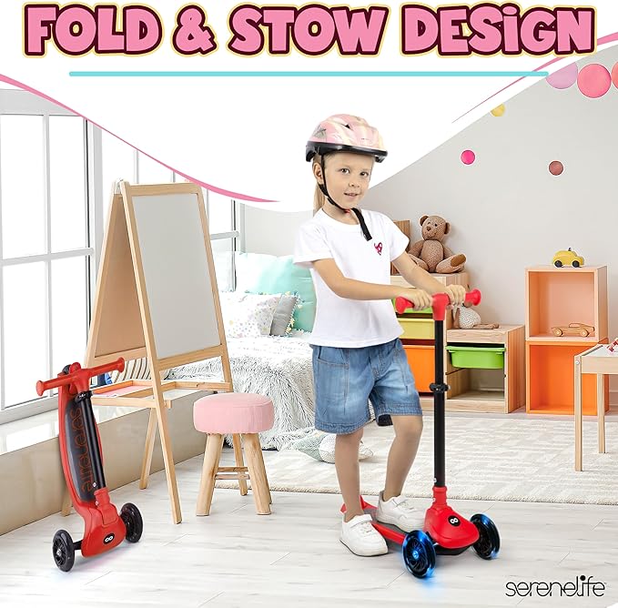 SereneLife 3 Wheel Foldable Kids Scooter - Foldable Seat, LED Wheel Lights, Adjustable Handlebar, Rear Foot Brake, Lean-to-Steer, Anti-Slip Deck, Ideal for Toddlers Kids 3+, up to 110Lbs