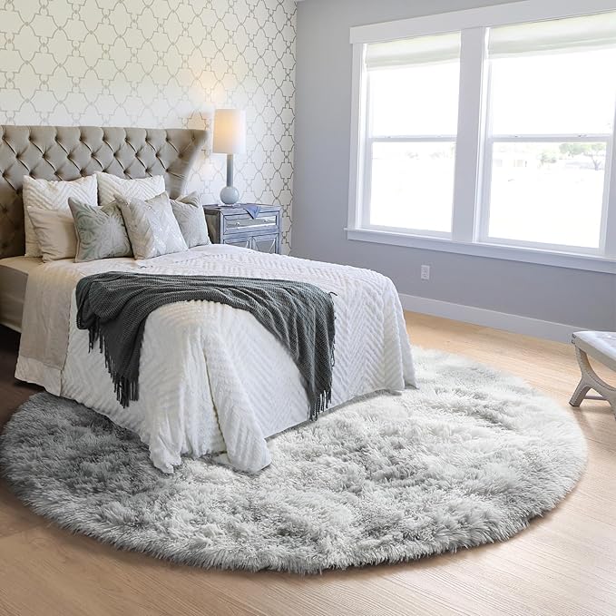 ONASAR Tie-Dyed Light Grey Round Area Rugs 6ft, Ultra Soft Bedroom Circle Rug for Kids Girls Boys Teen Room, Fluffy Plush Shaggy Carpet Floor Mats for Dorm Nursery Living Room Playroom Home Decor
