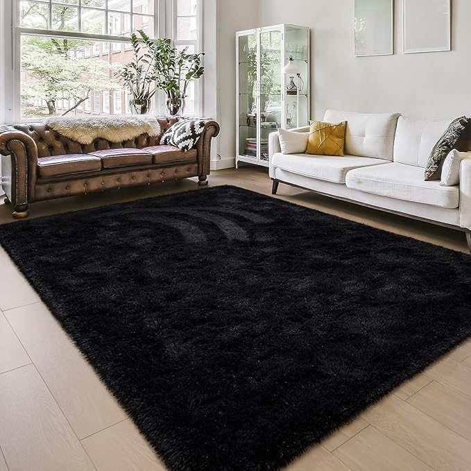 Amearea Shag Fluffy Area Rug for Bedroom Girls Living Room, Extra Soft and Fuzzy Shaggy Rugs, Non Slip, Solid Color Carpet Mat for Boys Nursery Home, Black 5x8 Feet