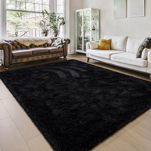 Amearea Shag Fluffy Area Rug for Bedroom Girls Living Room, Extra Soft and Fuzzy Shaggy Rugs, Non Slip, Solid Color Carpet Mat for Boys Nursery Home, Black 5x8 Feet