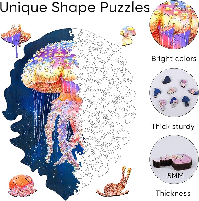 Wooden Puzzles for Adults, Jellyfish Jigsaw Puzzles 200 Pieces, Unique Shape Puzzles for Adults and Kids, 11.7 x 9 Inches Medium Size, Fun Challenging Puzzles Family Game