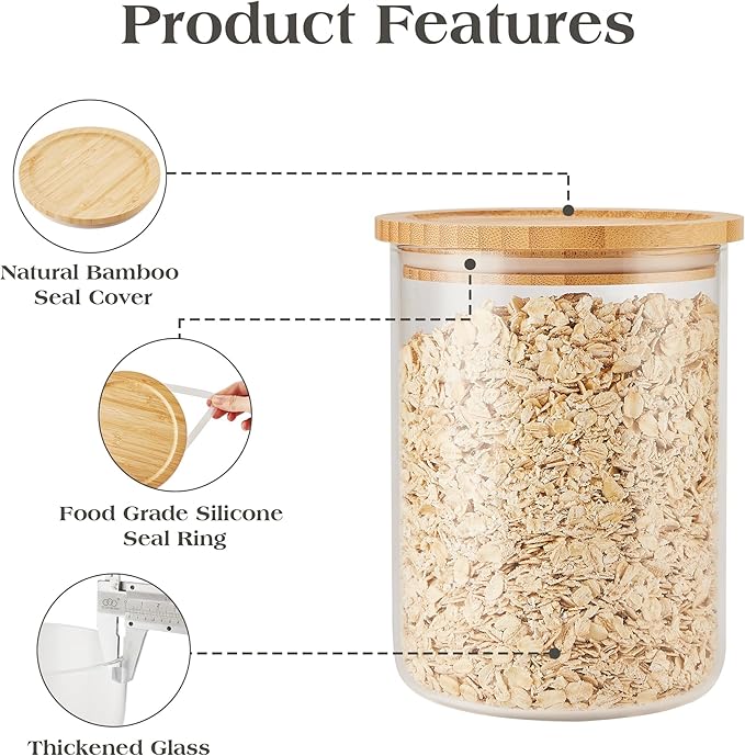 Glass Storage Containers with Wooden Lids, Airtight Jar for Kitchen Countertop Set of 3, Pantry Flour and Sugar Canisters for Candy, Cookie, Rice, Coffee Beans, Snacks, Spices