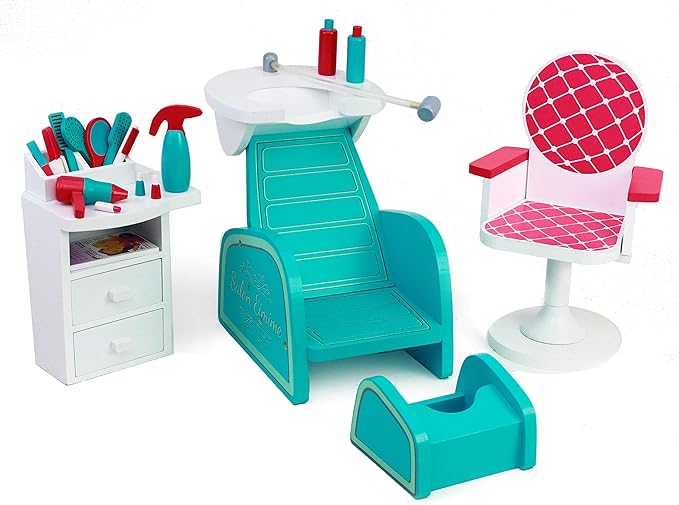 Playtime by Eimmie 18 Inch Doll Furniture Salon & Nail Set – Wooden Playset with Hair Styling Accessories, Fits American, Generation, My Life & Similar 14”-18” Dolls